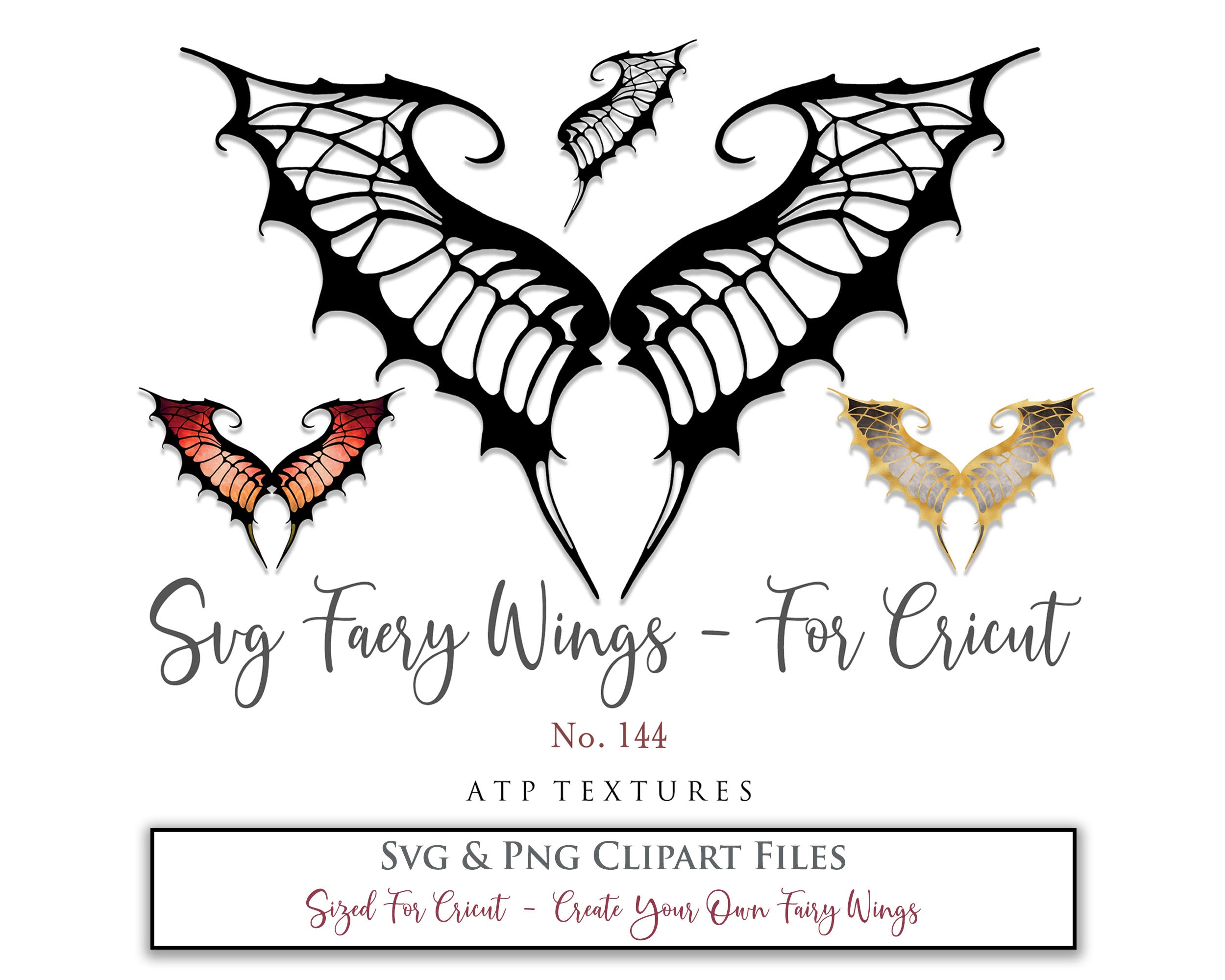 SVG & PNG Fairy/Angel Wing files for Cricut, Silhouette Cameo and other Cutting Machines. Create wearable fairy wings, all sizes. Perfect for Halloween Costumes, Fantasy, Cosplay, Photography. Prints, Wedding, Engagement, Baby Shower invitations, Sublimation Printing, Clip Art and more. Cut and assemble. ATP Textures.